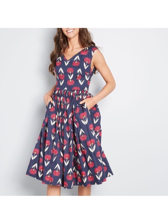 Modcloth Dresses & Skirts - Modcloth Navy Midi Dress with Pink and Cream Floral Print